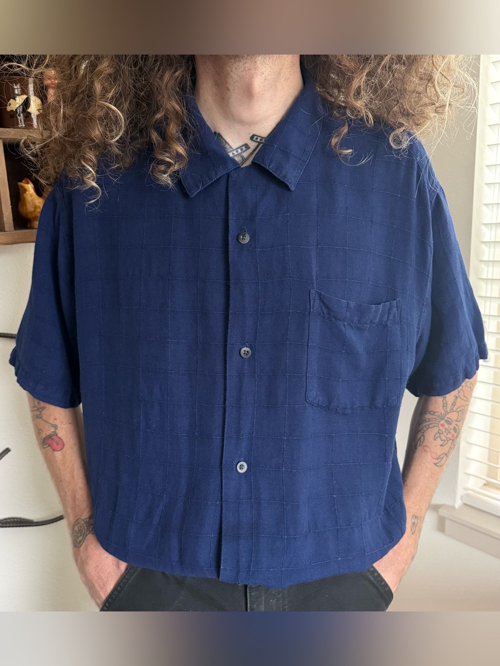 Vintage Y2K Navy Blue Linen Rayon Textured Grid SS Button Down Shirt ~ Size L